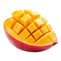 Fresh mango half with juicy cubes on a clean transparent background, perfect for culinary uses or healthy snacking, Fresh mango half isolated on transparent background png