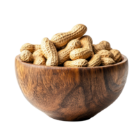 A wooden bowl filled with raw peanuts against a clean transparent background for a natural and rustic presentation, peanuts in wood bowl on transparent background png