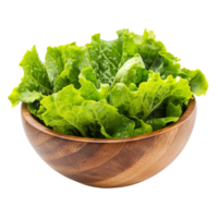Fresh green lettuce leaves in a wooden bowl isolated on a transparent background for healthy eating concepts, Lettuce leaves in wood bowl isolated on transparent background png