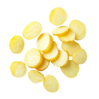 Freshly sliced potatoes laid out on a clean transparent background for culinary preparation and presentation, potatoes slice on transparent background png