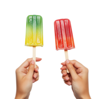 Hands hold colorful ice pops against a bright transparent background for a refreshing summer treat, Ice Pops Held by Hands on transparent background png