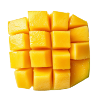Fresh mango slice cut into cubes isolated on a transparent background for culinary use or healthy eating, Mango slice cut to cubes closeup isolated on transparent background png