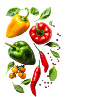 Freshly picked bell peppers and chili peppers with herbs on a clean transparent background for culinary inspiration, fresh peppers and leaf on transparent background png