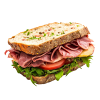 Delicious roast beef sandwich on whole grain bread with fresh vegetables, isolated on a clean transparent background, Sandwich made from roast beef isolated on transparent background png