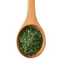 Dried parsley in a wooden spoon resting on a clean transparent background for culinary use, Dried parsley in wood spoon isolated on transparent background png