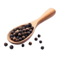 Peppercorns displayed in a wooden spoon on a plain transparent background, peppercorns in wood spoon isolated on transparent background png