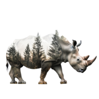 Powerful rhino with an enchanting forest backdrop captured through a double exposure technique, Rhino and forest double exposure, concept of power of the nature with transparent background png