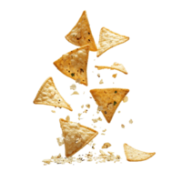 Tortilla chips in mid air, cascading down with a transparent background, showcasing a dynamic and playful snack moment, tortilla chip levitating, falling, flying transparent background png