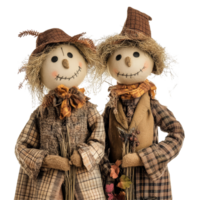 Two cheerful scarecrows in plaid and brown outfits stand together in a brightly lit setting ready for fall festivities, Two Scarecrows in Plaid and Brown Outfits, Isolated on transparent background png
