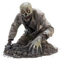 Zombie emerging from the grave in dark soil, showcasing a terrifying resurrection in an eerie setting, zombie coming out on the soil or grave isolated on transparent background png