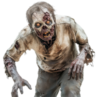 A terrifying zombie emerges from the shadows, showcasing its decayed features against a plain background, Scary Zombie isolated on transparent background png