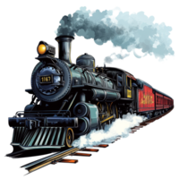 Vintage steam train in motion moving along rail tracks with smoke billowing against a transparent background, train in motion illustrationisolated on transparent background png
