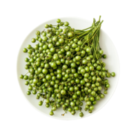 Fresh green peppercorns displayed on a transparent plate, ready for culinary use or spice preparation in a well lit setting, Bunches of fresh green peppercorn in a plate isolated on transparent background png