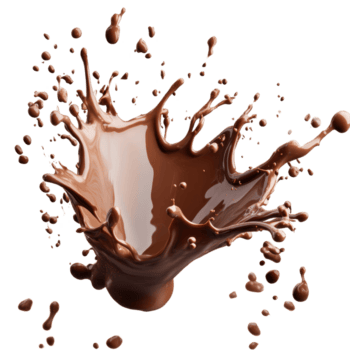 Chocolate splash creating dynamic patterns on a transparent background showing rich textures and colors, Isolated muffin with a cherry on top, transparent background png