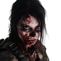Scary military female zombie with intense gaze and gruesome details against a stark transparent background, scary military female zombie on transparent background png