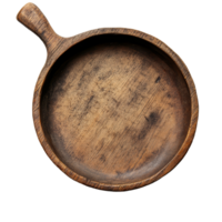 Top view of a rustic wooden pan isolated on a transparent background, highlighting its natural grain and round shape, wood pan, top view, isolated transparent background png