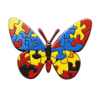 A vibrant puzzle piece butterfly symbolizing autism awareness with multi colored designs and intricate patterns, Multi colored puzzle piece butterfly autism symbol transparent background png