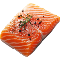 Fresh raw salmon fillet garnished with herbs and spices on a clean surface ready for culinary preparation, fillet raw salmon png