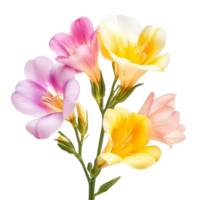 Vibrant freesia flowers in various colors isolated on a bright transparent background creating an elegant floral display, vibrant freesia in style, isolated on a transparent background for design layouts png