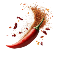 Chili powder and flakes erupting from vibrant red chili pepper against a clean transparent backdrop, Chili powder and flakes burst out from red chili pepper Stock Photo png
