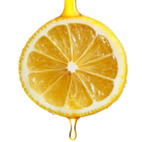 Juicy lemon slice with droplets dripping on a clean transparent background in natural light, lemon slice with juice dripping on transparent background png