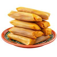 A stack of tamales served on a traditional Mexican plate with vibrant colors, a stack of tamale on traditional mexican plate isolated on transparent background png