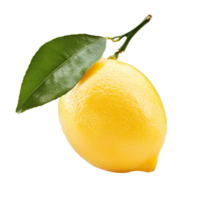 Fresh lemon with green leaf isolated on a clean transparent background, showcasing bright yellow color and natural shine, lemon isolated on transparent background png
