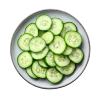 Freshly sliced cucumber rounds on a round plate with a transparent background showcasing vibrant colors and textures, Cucumber slices in plate on transparent background png