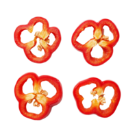 Sliced red sweet bell peppers arranged in a symmetric pattern on a bright transparent background, Red sweet bell pepper slices isolated on transparent background png