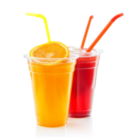 Refreshing orange and red fruit juices served in plastic cups with bright straws on a sunny day, Refreshing Orange and Red Fruit Juices in Plastic Cups with Straws Isolated on transparent background png