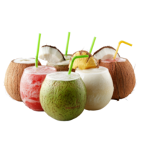 Assorted coconut drinks served in tropical styles on a transparent background for refreshing enjoyment, Assorted Coconut Drinks on transparent background png