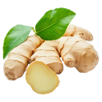 Fresh ginger root with green leaves isolated on a transparent background, perfect for culinary and health applications, Ginger with leaves isolated on transparent background png
