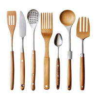Essential kitchen utensils arranged on a transparent background showcasing various tools for cooking and food preparation, Kitchen utensil on transparent background file png