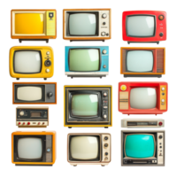 Collection of retro television sets arranged neatly on a transparent background showcasing vintage designs and colors, Retro Television Sets on transparent background png