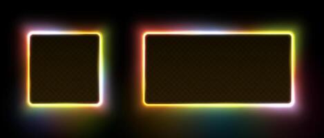 Neon glowing square and rectangular frames. Multicolored led fluorescent lasers isolated on black background. vector