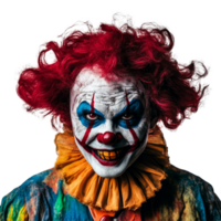 Evil clown with wild red hair and creepy smile against a stark transparent background, Evil clown on transparent background png