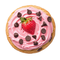 Delicious round chocolate chip cookie topped with creamy strawberry frosting and a fresh strawberry garnish, round chocolate chip cookie with strawberry cream isolated on transparent backgroundfile png