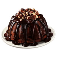 Delicious turtle cake drizzled with rich chocolate syrup and topped with nuts on a transparent plate, Isolated turtle cake with chocolate syrup png