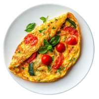 Delicious vegetable omelette served on a transparent plate with fresh ingredients against a bright background, Delicious Vegetable Omelette transparent background png