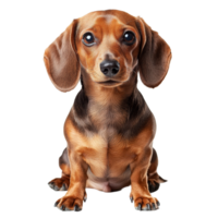 A delightful sausage dog sits upright, focusing directly ahead with expressive eyes, sausage dog isolated on transparent background png