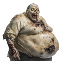 A grotesque fat zombie with a menacing look poses against a stark transparent background, embodying horror, Fat scary zombie on transparent background png
