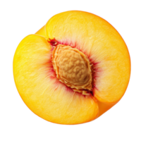 Half of a ripe yellow peach showcasing vibrant color and texture against a plain transparent background, Half of ripe yellow peach on transparent background png