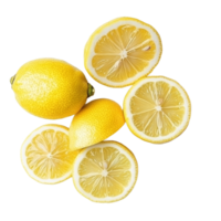 Fresh lemons and lemon slices isolated on a clean transparent background showcasing their vibrant color and texture, lemons isolated on transparent background png