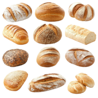 A beautiful assortment of freshly baked bread displayed on a transparent background for a delightful culinary experience, Delicious different sort of bread, bakery on transparent background png