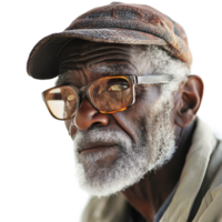 An elderly man with glasses and a cap gazing pensively against a transparent background in a quiet moment, Old man on transparent background png