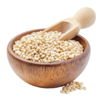 A wooden bowl filled with pearl barley and a matching scoop resting on a transparent background, pile of pearl barley in wood bowl scoop isolated on transparent background png