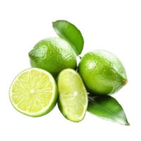 Fresh, vibrant lime fruit with cut sections and green leaves isolated against a clean transparent background, Refreshing Lime Fruit Isolated on transparent background png