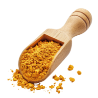 Turmeric powder in a wooden scoop isolated on a bright transparent background showcasing vibrant color and texture, turmeric powder in wood scoop isolated on transparent background png