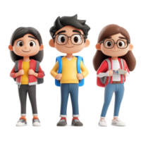 linda dibujos animados estudiante grupo con mochilas soportes juntos en un alegre actitud en transparente fondo, 3d dibujos animados personaje grupo linda alumno, aislado en transparente antecedentes png