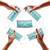 Hands exchanging medical face masks for COVID 19 protection in a well lit environment, handing medical face masks for covid19 virus protection on transparent backgroundfile png